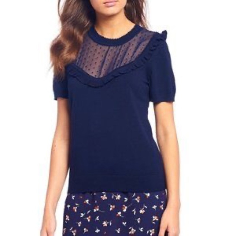 Draper James Navy Dot Mesh Yoke Ruffle Short Sleeve Top
